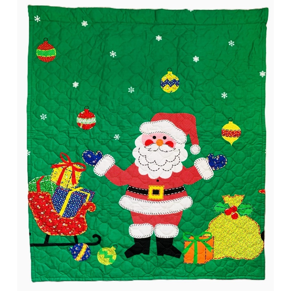 Vintage Retro 1970's Calico Mini Print Christmas Santa Quilt Wall Hanging 33x39"